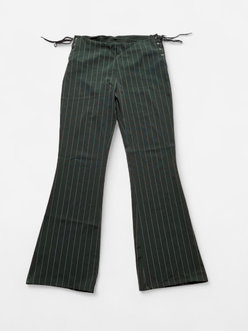 Black pinstripe flare pants with lace up sides